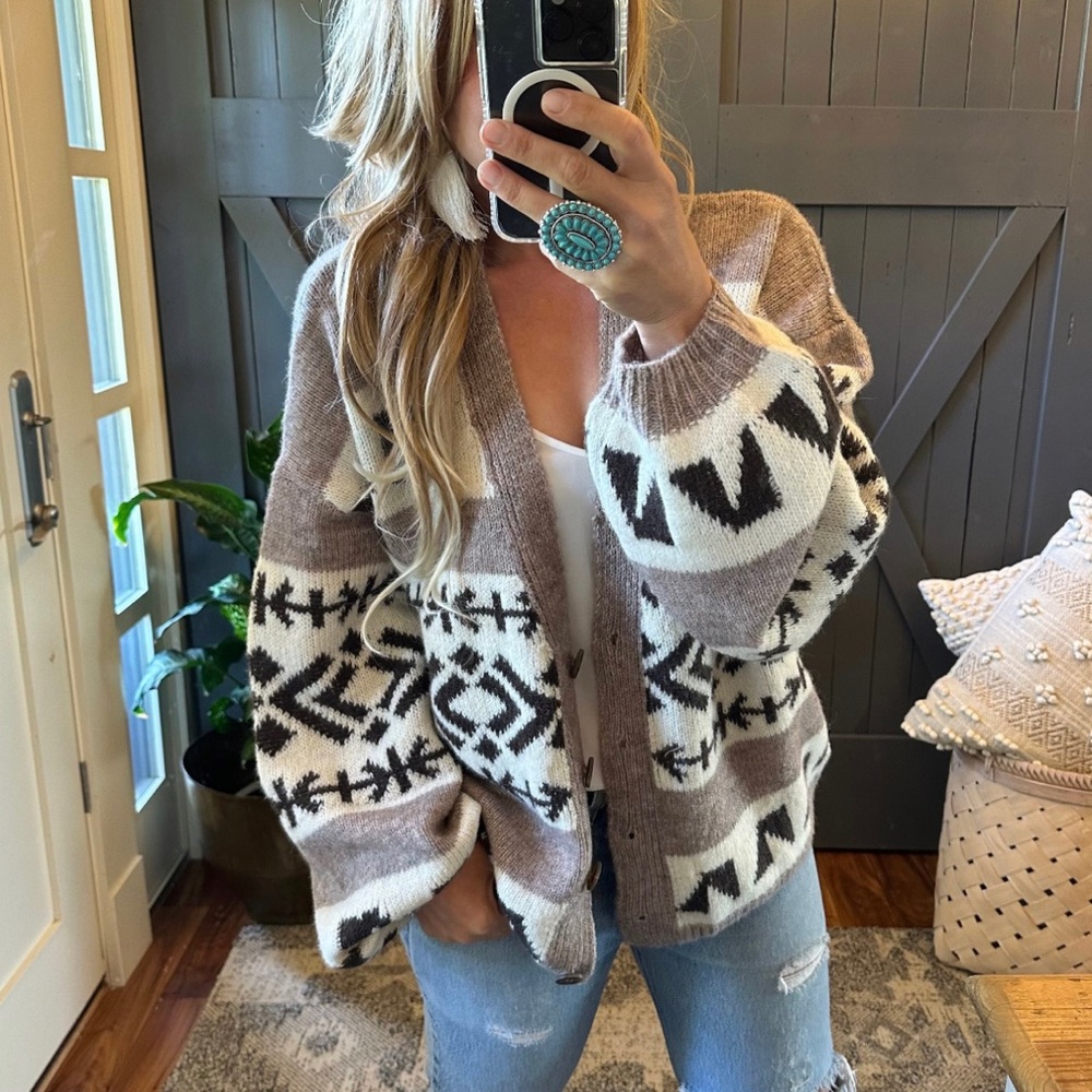 New Aztec Print Native Knit Wool Cardigan Sweater Button Front V-Neck Cozy - Picture 3 of 8